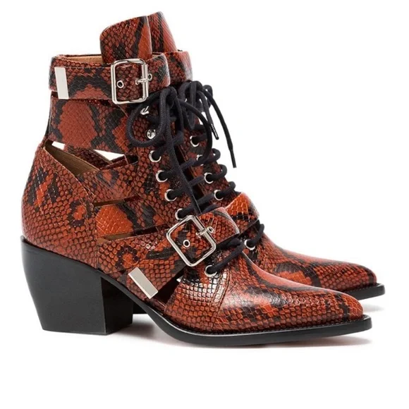 New! CHLOE Rylee Snake-Effect Leather Ankle Boots | Lace-Up Cutout Block Heel - Picture 2 of 16